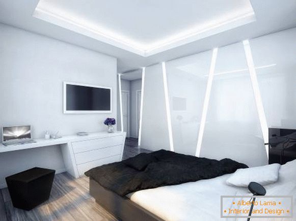 Futuristična notranjost spalnice v visokotehnološkem slogu