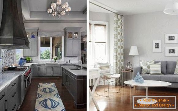 Siva barva v notranjosti kuhinje in dnevne sobe - izbor fotografij