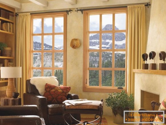 Oblikovanje okna v dnevni sobi - fotografija lesenih oken