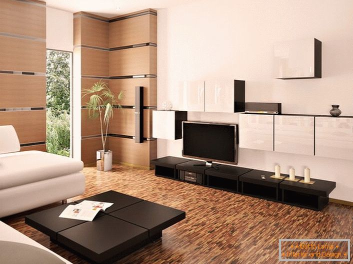 Moderna moderna soba v beli in svetlo bež barvi je okrašena s pohištvom iz temnega lesa.