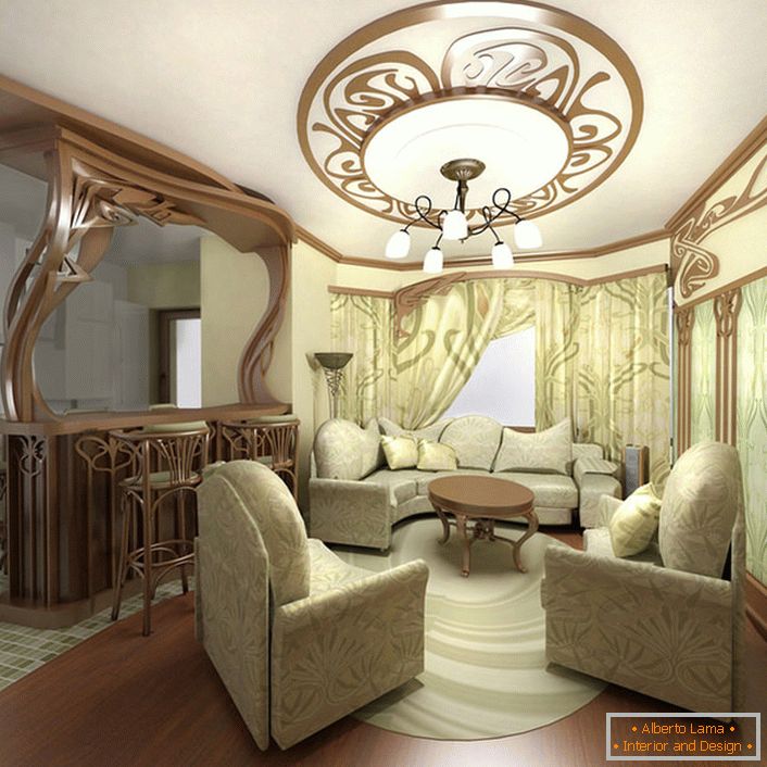 Izvrstno pohištvo za majhno dnevno sobo v slogu Art Nouveau v mestnem stanovanju v Moskvi.