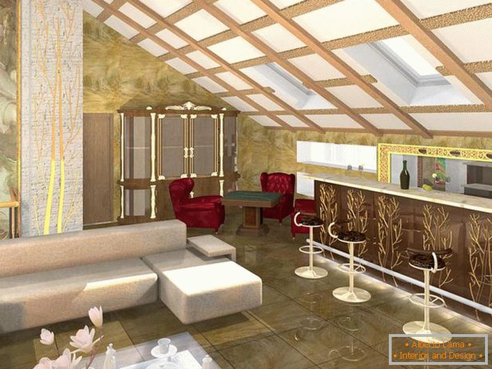 Projektni načrt pravilno načrtovan prostor za goste v slogu Art Nouveau. Minimalno pohištvo, kontrastne barve v najboljših slogih.