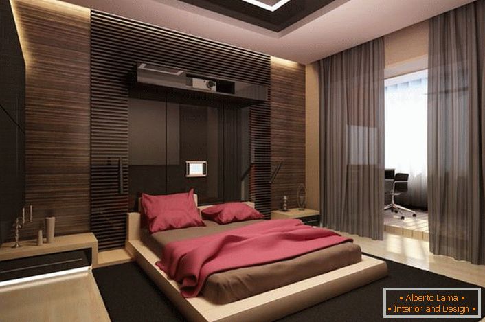 Prostorna spalnica v slogu minimalizma. Skrajšana odločitev o izdelavi.