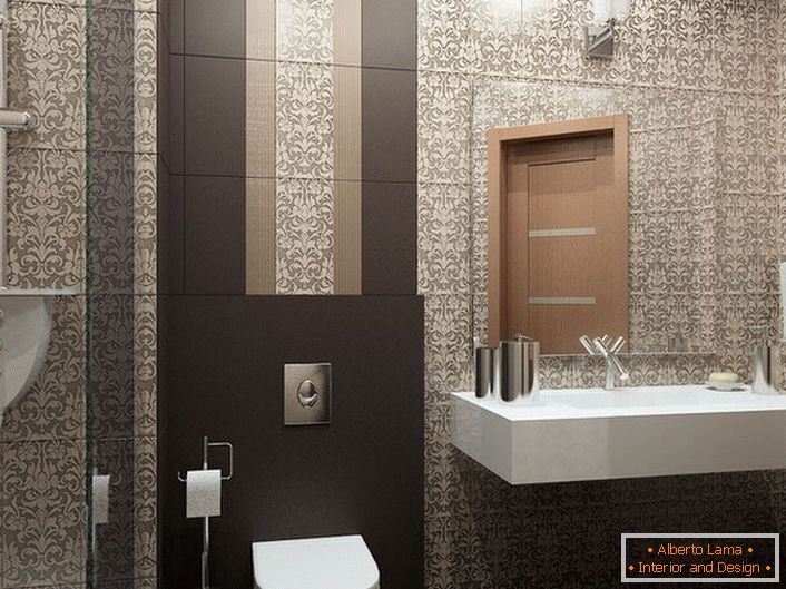Za dekor kopalnice je oblikovalec vzel keramične ploščice v slogu Art Deco. Izrazen vzorec podolgovate oblike omogoča, da so zgornje meje vidno višje.