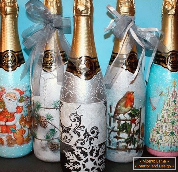 Decoupage in dekor steklenice šampanjca za novo leto