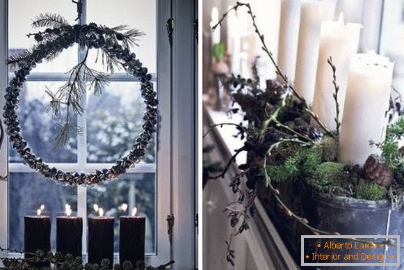 Božična dekoracija oken - fotografija z naravnimi materiali