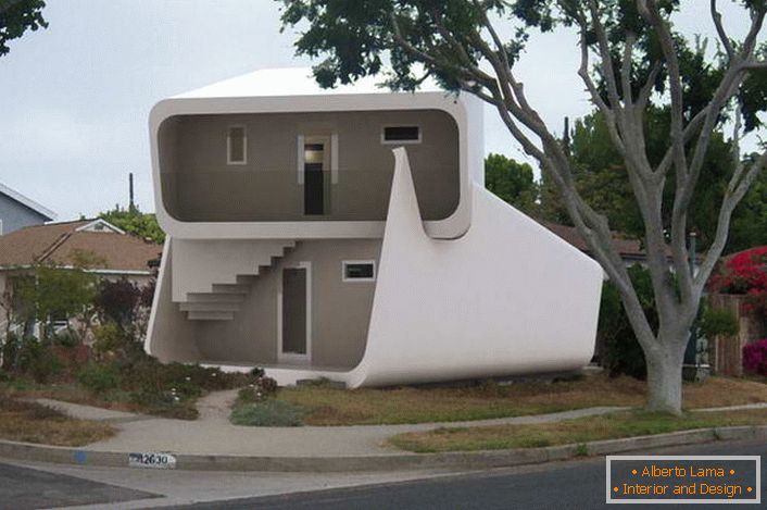 Nenavaden dizajn dvonadstropne modularne hiše privlači oko. Zasnova hiše je primerna za vse leto. 