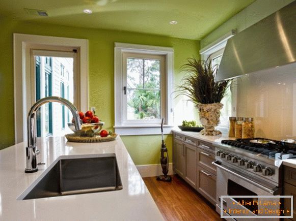 Kuhinja z zelenimi stenami in stropom