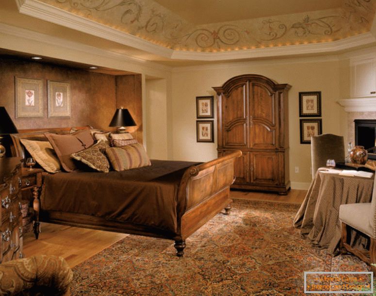 srednji stolp - kraljevski-spalnica-lesena postelja-okvir-pohištvo-persian-tepih-rjava-značilnost-steno