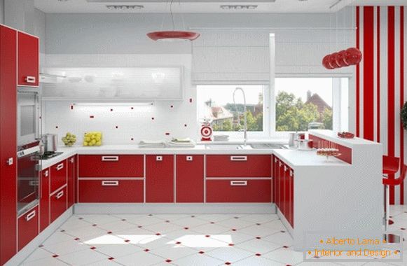 Oblikovanje rdeče bele kuhinje fotografija 12