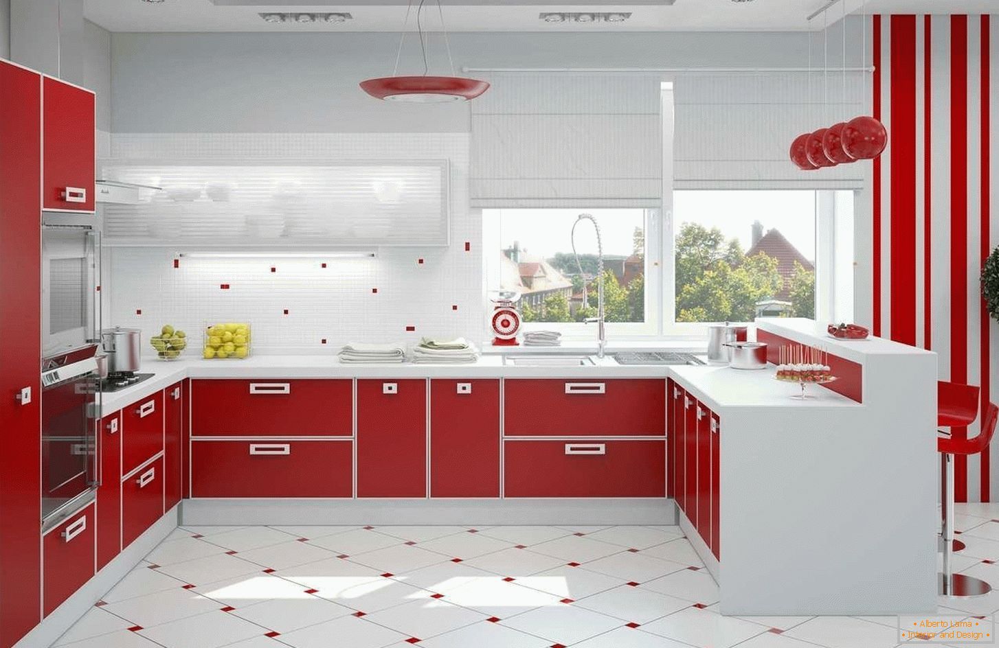 Rdeča in bela kuhinja notranjost