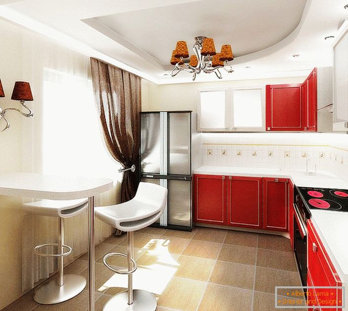 Projektni projekt za kuhinjo v navadnem stanovanju v Moskvi. Kontrastna kombinacija barv, funkcionalno pohištvo, neobremenjeno pohištvo, lakonična razsvetljava - indikatorji brezhibnega sloga lastnika stanovanja.