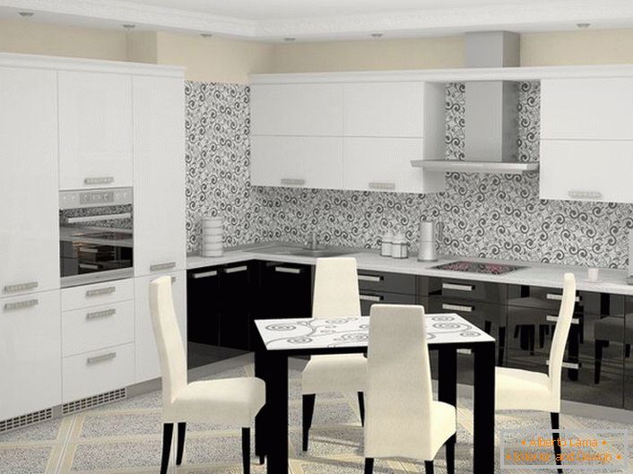 Bela-črna kuhinja v visokotehnološkem slogu z vgrajenimi aparati je organsko videti v celotnem konceptu ideje oblikovanja. 