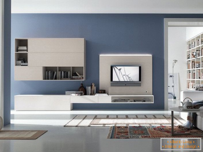 Pohištvo za notranjost v visokotehnološkem slogu mora biti funkcionalno in elegantno. Veliko pisarn, odprtih polic v šarnirju slušalke za dnevno sobo naredi pohištvo prostoren. 