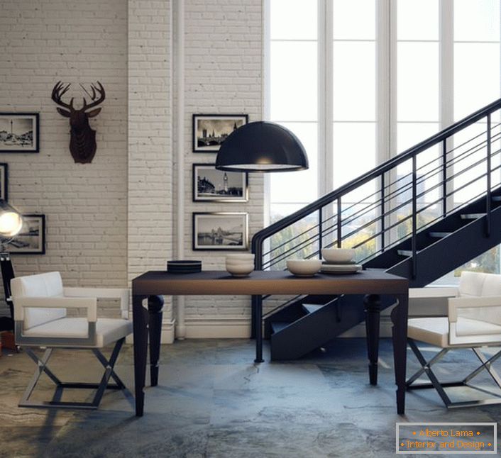 Loft stil je lahko lahka in elegantna. Barve stene, postavite moderno pohištvo lakonske oblike, fotografijo znotraj.