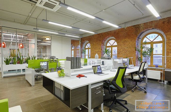 Za oblikovanje pisarne v slogu lofta se uporablja veliko živahnega zelenja, zaradi česar je prostor prijeten in zaposlenim prilagaja delovno razpoloženje. 