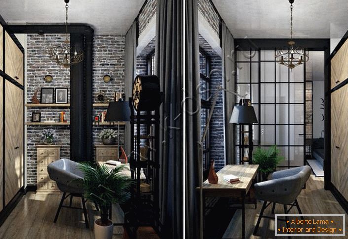 Elegantna rešitev za pisarno. Loft stil je zanimiva notranja dekoracija. Sodobno pohištvo izgleda dobičkonosno glede na ozadje grobega konca sive opeke. 