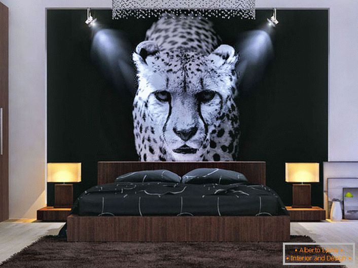 Dobra oblikovna rešitev za spalnico. Osvetljena plošča z leopardom sredi celotne sestave.
