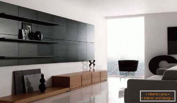 Stil minimalizma je primeren za uporabo praktičnih police za okrasitev dnevne sobe.