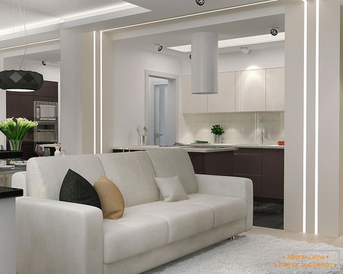 Majhna dnevna soba v slogu minimalizma v studijskem stanovanju. Funkcionalnost in privlačnost notranje opreme v tem slogu je zaradi namestitve majhnega stanovanjskega prostora nenadomestljiv.