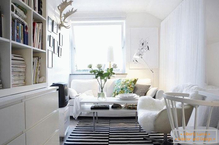 Klasična kombinacija črno-bele barve je videti dobičkonosno v notranjosti v skandinavskem slogu. Bela pohištvo naredi dnevno sobo svetlo in udobno.