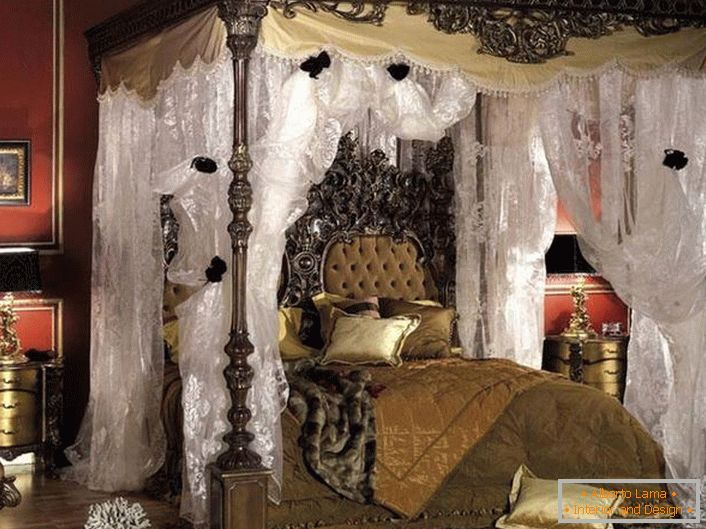 Pravilno oblikovanje baročne spalnice v temnih barvah.