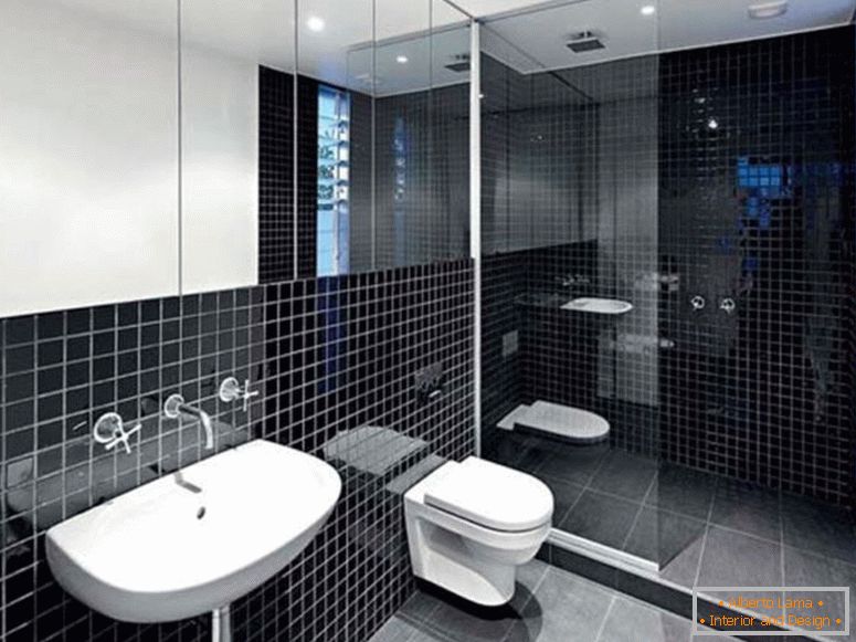 minimalistična notranja dekoracija v kombinaciji s črno kopalnico zamisli sodobno kopalnico opremljeno z porcelanom-umivalnikom in stenskim pultom pod ogledalom velikega stenskega ogledala