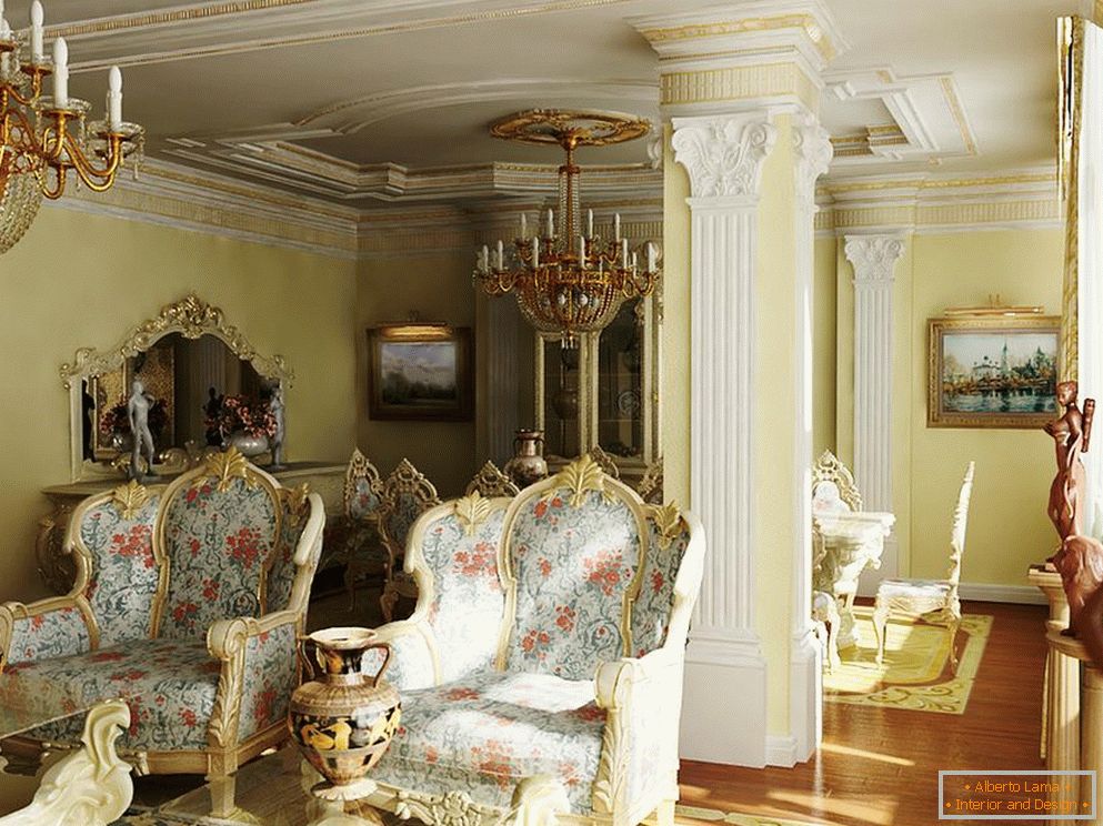 Odličen, luksuzno opremljen baročni slog za sobo za goste. Pravi primer razsvetljave za baročni slog.