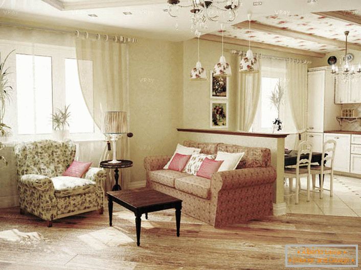 Projekt je bil zasnovan po naročilu mlade dame. Nežna in skromna notranjost za dnevno sobo v stilu Provence.