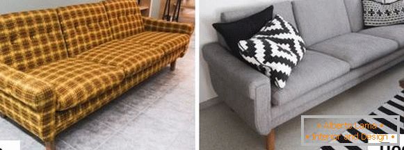 Iztegovanje oblazinjenega pohištva - fotografija starega kavčuka pred in po
