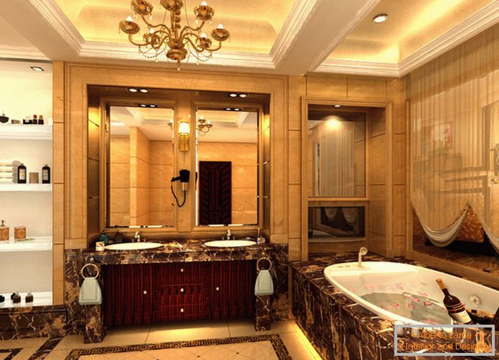 Velika kopalnica v stilu imperija je umetno okrašena z majhnimi dekorativnimi detajli. V skladu z zahtevami sloga, brisačo stojala, stenske svetilke, zavese lahke tkanine na oknu so izbrani.