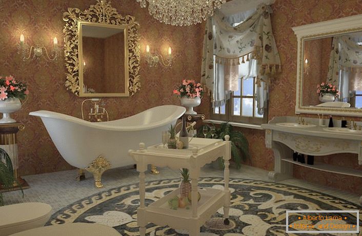 Dizajn projekt za stilsko kopalnico v slogu Empire. Odlična kopalnica na štirih vzorčnih, zlatih nogah, ogledalo v izrezljanem okvirju, lestenec iz kamnitih kristalov odlično ujema.