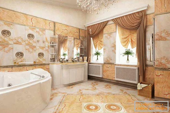 Barva slonovine harmonično združuje z odtenki svetlo oranžne barve v kopalnici, okrašena s slogom Empire.