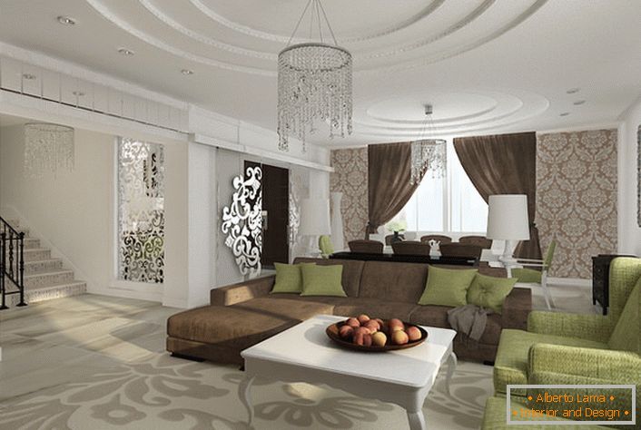 Luksuzna dnevna soba v slogu Empire. Večslojni stropi krasijo dobro izbrano razsvetljavo.