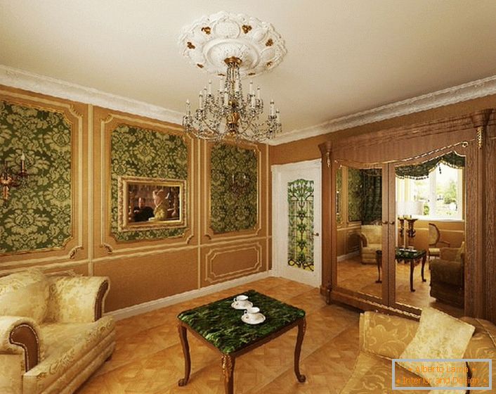 Plemenita zelena barva v kombinaciji z rumenim zlatom izgleda v dobrodelni sobi v dobi ampera.