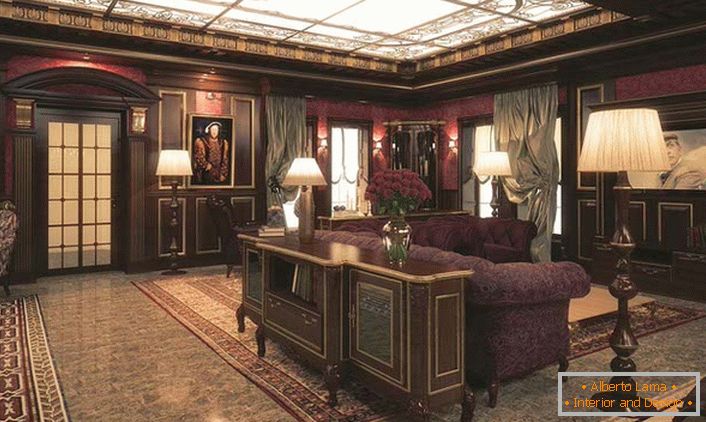 Prostorna dnevna soba v viktorijanskem slogu elitnega kluba, ki ohranja angleške tradicije.