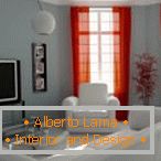 Rdeče zavese in belo pohištvo v sivi notranjosti dnevne sobe