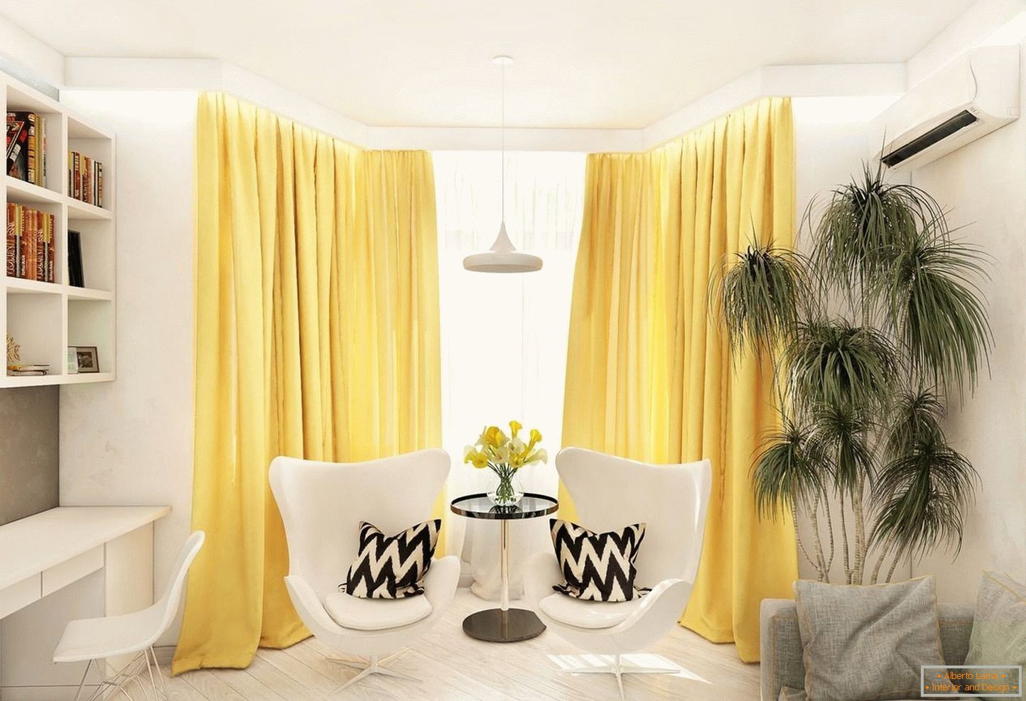 Rumene zavese v beli dnevni sobi