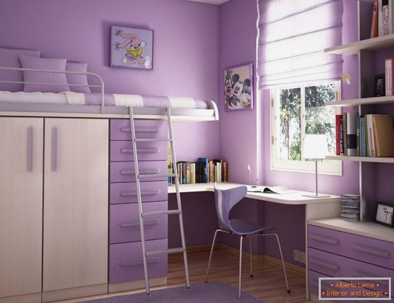 udobno-spalnica-design-ideja-za-najstniških-deklet-z-lila-zid-smetana-pograd-postelja-z-lila-predalniki-in-belo okno-okvir-občudovanja-spalnica-design- najstnice-dekleta
