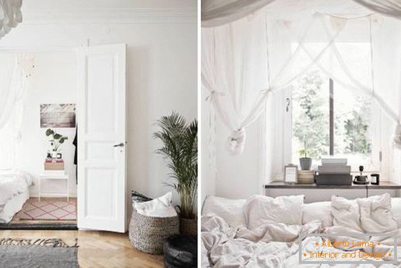 Skandinavska notranjost spalnice v majhnem stanovanju