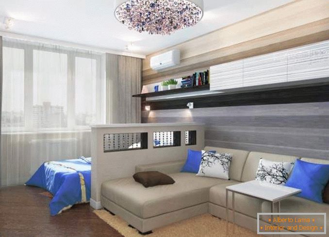 Oblikovanje dvosobnega apartmaja z otroško sobo - fotografija kombinirane spalnice dnevne sobe