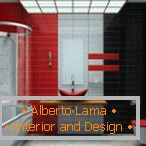 Notranjost kopalnice v rdeči, črni in sivi barvi