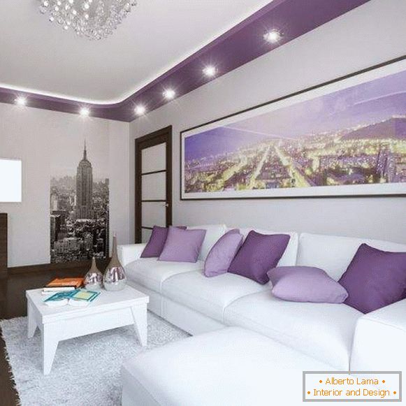Moderna zasnova dvorane v stanovanju в белом и фиолетовом цвете