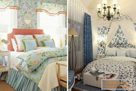 Zavese v slogu Provence za spalnico - fotografija v kombinaciji s tapetami