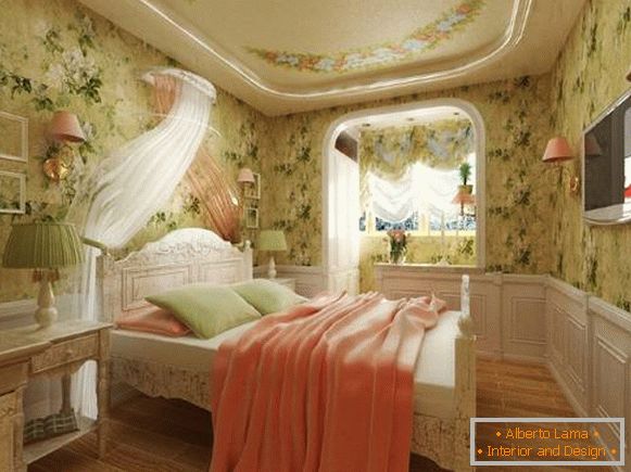 Kombinacija barv v notranjosti spalnice Provence - zavese in ozadje