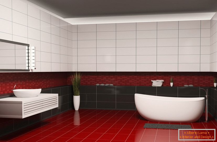 Rdeče, črne in bele ploščice v oblikovanju kopalnice