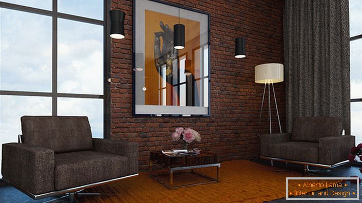 Projektni načrt za dnevno sobo v slogu podstrešja. Odlična možnost za urbane apartmaje.
