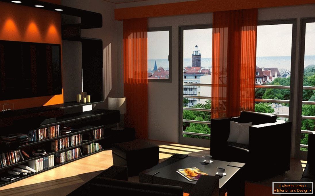 Temno pohištvo in oranžne zavese v dnevni sobi