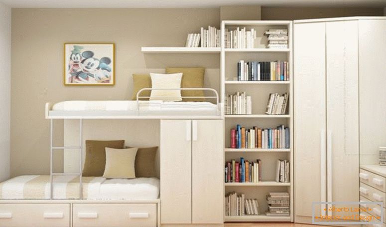 belo-leseno-pomožno ležišče-s-shrambo-predalom-skupaj-s knjigami-police-in-kotiček-garderobo-na-vogalu-smetano-stene-soba