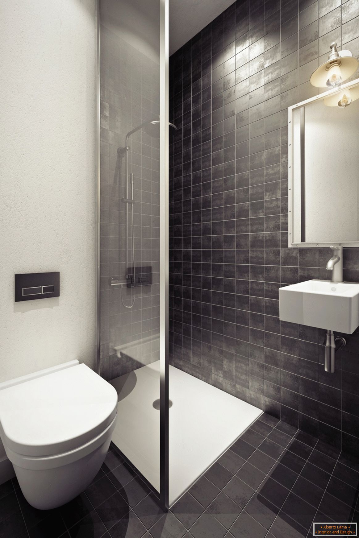 Zasnova kopalnice v sivih tonih